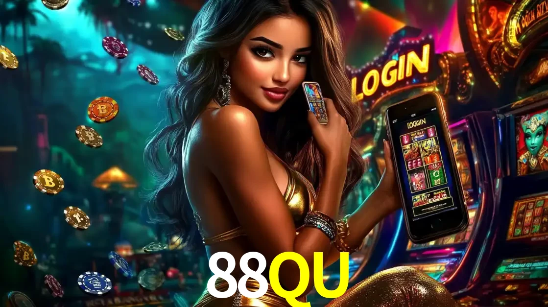 Mulher em um cenário de cassino temático de aventura, mostrando o app de caça-níqueis da 88QU no celular. Fichas de apostas flutuam ao redor.