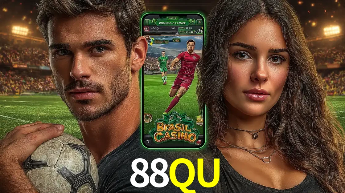 Homem segurando uma bola de futebol e uma mulher ao lado de um smartphone exibindo o jogo de apostas esportivas da 88QU. Faça seu palpite no cassino online.